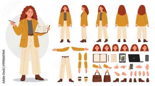 Businesswoman character design kit with multiple poses outfits and accessories for animation