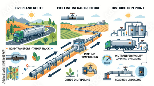 Comprehensive illustration detailing crude oil transportation from overland routes via pipelines