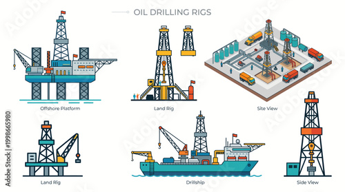 Diverse offshore and onshore oil drilling rig illustrations with site and side views presented in