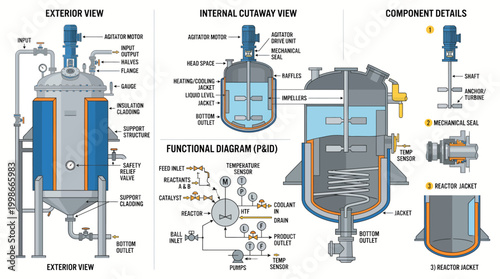 Detailed schematic diagram illustrating the industrial chemical reactor components and operational