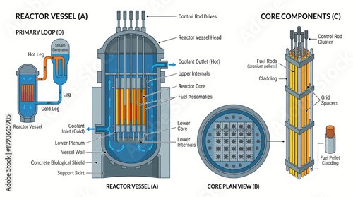 Detailed schematic illustration of a nuclear reactor vessel and core components showing internal