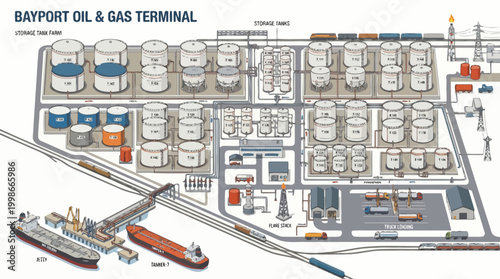 Detailed schematic illustration of Bayport Oil & Gas Terminal complex with storage tanks and