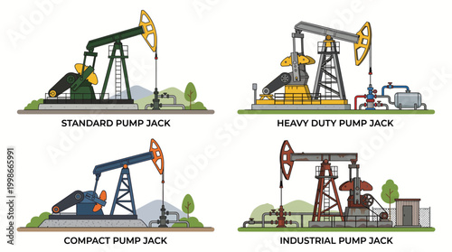 Diverse Oil Pumpjack Designs illustrated side by side for industrial comparison and contrast
