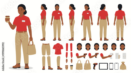 Diverse service worker character design kit with multiple poses and accessories for animation and