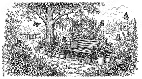 Black and white garden scene with bench, tree, flowers, and butterflies