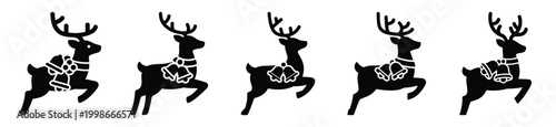 High quality reindeer with bells  silhouette vector icon set. christmas isolated icons on white background Vector illustration.