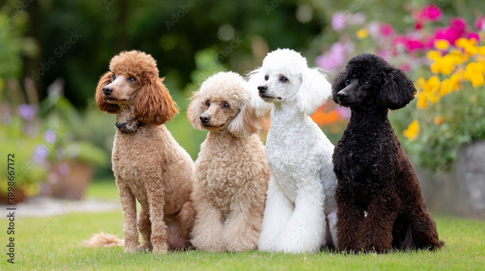 Obraz premium Different colored poodles sitting in a row showcasing coat variations outdoors