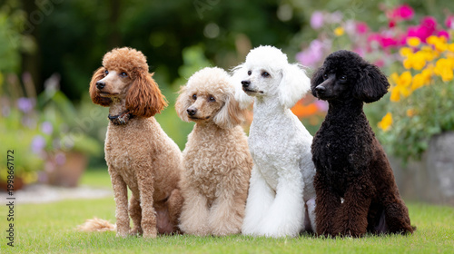 Different colored poodles sitting in a row showcasing coat variations outdoors