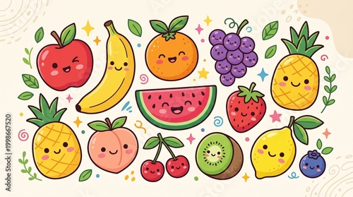 photo illustration of cute fruit pattern with smile made by AI generative