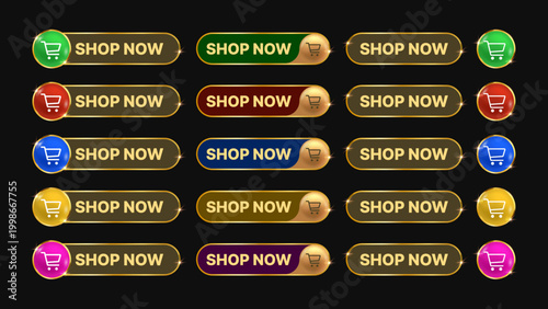 Premium Golden Shop Now Buttons Set with Shopping Cart Icons, Call to Action UI Elements for E Commerce Website, Online Store, Marketing Design Vector Illustration