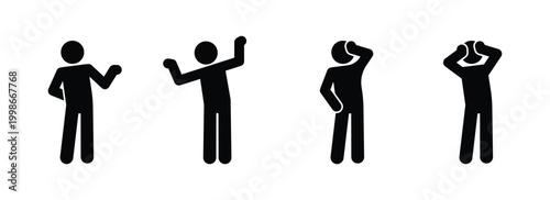 Vector stickman set waving hands in greeting. Black minimal human figures with hello gestures isolated on transparent background, clean editable illustration.