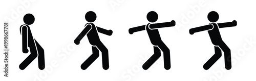 Icon set of stick figures walking while dancing. Simple human silhouettes in different rhythmic poses. Vector on transparent background. Perfect for happy movement, joyful walking, street dance.