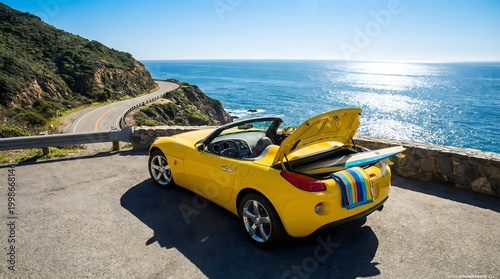A yellow convertible sports car parked on a scenic coastal road with its trunk open
