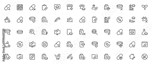 Drugs icon set. Pharmaceutical vector icons pack. Includes pill, pharmacy, vaccine, supplement, online shop, medical app, security and more. Editable stroke.