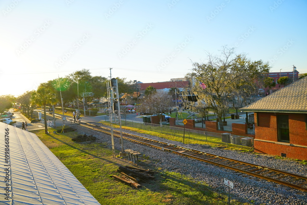 Naklejka premium Plant City, Florida, USA: 03 20 2026: Landscape of plant city downtown and historic train station, Florida