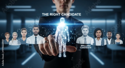 Recruitment and hiring concept. A recruiter's hand selects a glowing candidate profile from a line of holographic avatars, symbolizing choosing the right candidate.