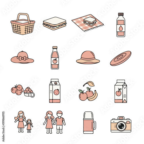 Photography This vector illustration features a collection of sixteen picnic-themed icons, including food, drinks, outdoor gear, and people, in a soft peach color palette