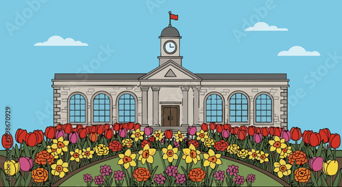 Municipal building with colorful flower garden and clock tower. Vector illustration of public architecture and landscaping