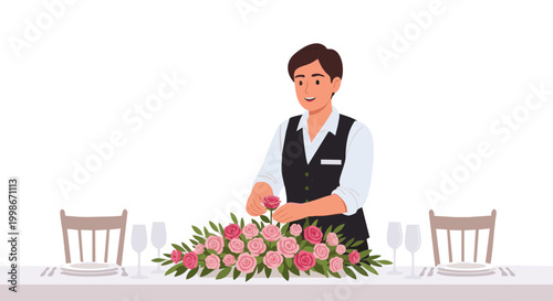 Florist arranging pink rose centerpiece on elegant banquet table
