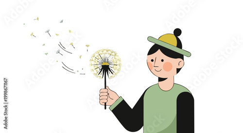 Illustration of person holding dandelion with seeds blowing away