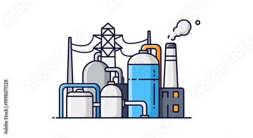 Industrial Manufacturing Plant Icon with Energy Production Elements Vector Illustration