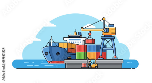 Container ship loading and unloading at a busy port with crane and forklift