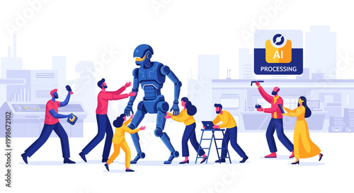 Team of people building and programming a giant robot, illustrating AI development and future technology concepts.