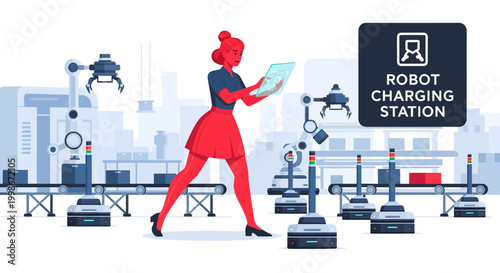 Woman Supervising Automated Production Line with Robots and Charging Stations in a Modern Factory Setting