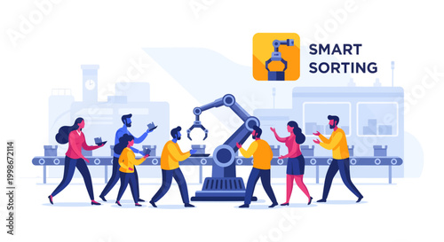 People working with robotic arm in industrial setting, smart sorting concept