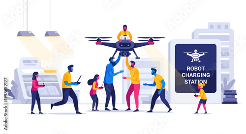 People interacting with a drone and robot charging station