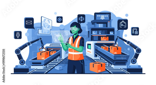 Industry worker with robotic arms in factory setting with orange boxes