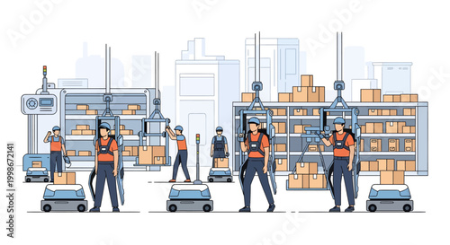 warehouse workers loading boxes on pallets with forklifts