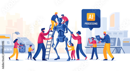 People working together with robot AI processing teamwork collaboration