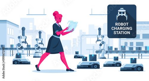 Woman in pink walking past robot charging station with blue industrial background