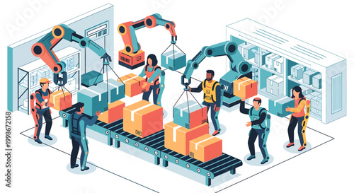Workers and robots in a factory with conveyor belt and boxes