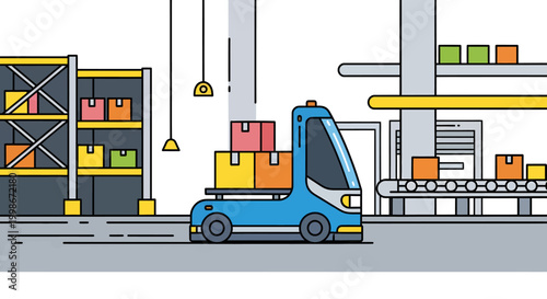 Forklift transporting boxes in a warehouse facility