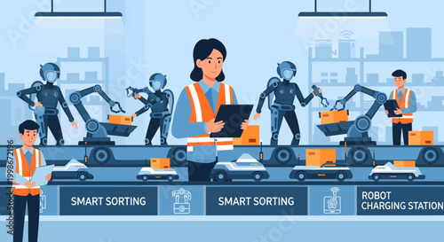 Industrial robots working on smart factory assembly line with workers