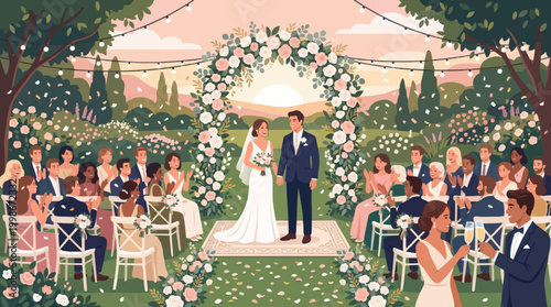 Elegant wedding celebration scene, bride and groom holding hands at outdoor ceremony, floral arch with roses and greenery, wedding guests seated on chairs