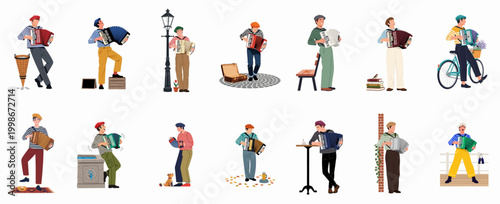 Set of Illustrations Featuring French Accordion Players in Different Poses and Scenes Isolated on a White Background