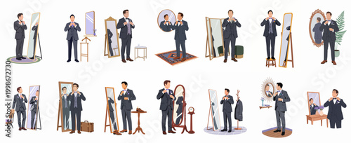 Canvastavla Collection of illustrations of a man in a formal tuxedo getting ready for a wedding or special event in front of various mirrors