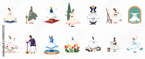 Cuadro en lienzo Set of Whirling Dervish illustrations representing Sufi spirituality, Mevlevi tradition, and Rumi's mystical dance in various symbolic settings