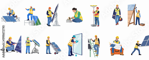 Diverse collection of solar energy technicians and engineers performing installation, maintenance, and repair tasks on photovoltaic panels, isolated on a white background.