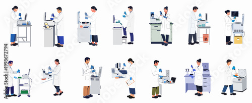 Flat illustration set of diverse scientists and lab technicians working with specialized equipment in a modern medical or biotechnology research laboratory.
