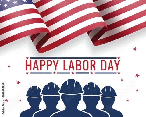 Fotografie Happy Labor Day American Flag Banner with Construction Worker Silhouettes on Whi