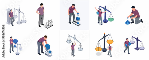Isometric Man With Balancing Scales Demonstrating Measurement Concepts And Decision Making