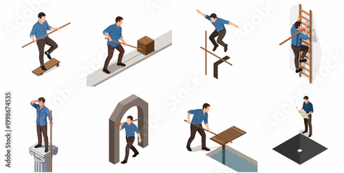 Isometric Male Figure Performing Various Dexterity Challenges and Physical Feats