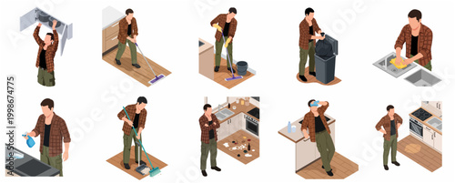 Isometric Set of Man Performing Various Household Cleaning and Maintenance Tasks in a Kitchen Environment