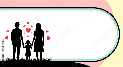 Family silhouette illustration for Parents’ Day with holding hands and heart elements, showcasing love and togetherness. Family scene captures emotional bond among parents and child.