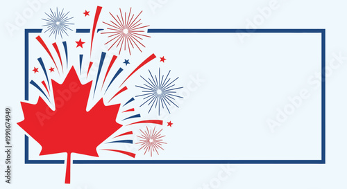 Red maple leaf with fireworks on soft light background framed in blue outline. Festive celebration features bright fireworks alongside iconic maple leaf.
