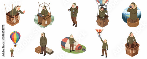 Isometric Explorer Character with Hot Air Balloon and Adventure Gear Illustration